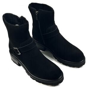 La Canadienne Kian Waterproof Black Suede Ankle Boots Womens 7M Buckle New $550